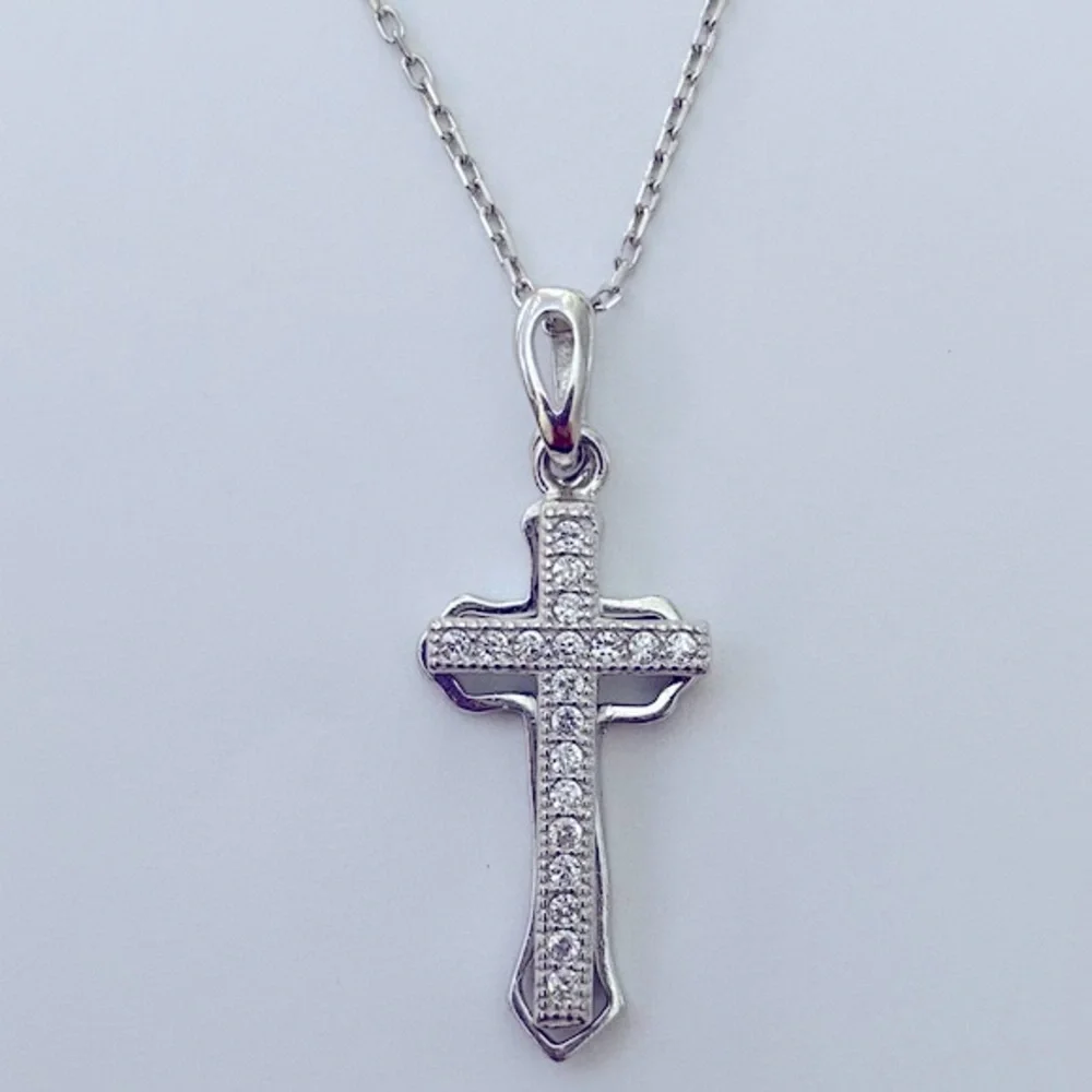 925 Silver double cross necklace cz stone